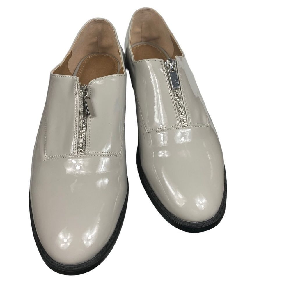 ASOS Matchsticks Wm’s Sz 9 Grey Patent Almond Toe Front Zip Flat Loafer Shoes